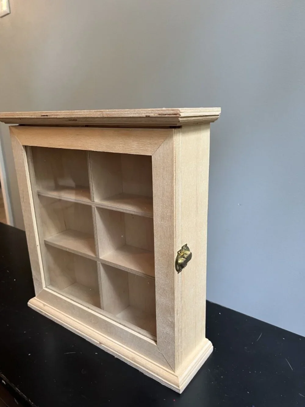 Natural Wood Display Case With Glass Door & 6 Compartments For Collectibles Or M
